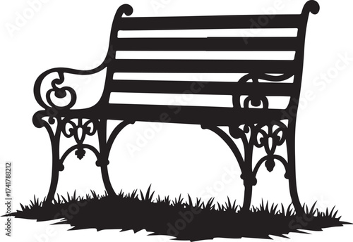 Black silhouette ornate park bench on grass black and white