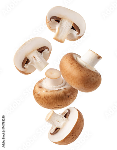 Fresh button mushrooms falling isolated delicious food photography concept healthy ingredient