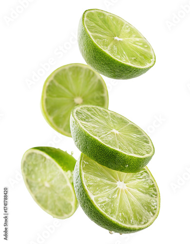 Fresh citrus slices falling dynamic lively lime halves and rounds for refreshing food photography