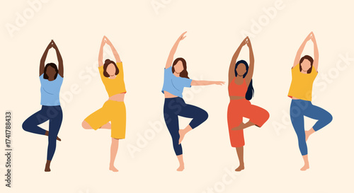 Diverse group of women practicing yoga in tree pose symbolizing health and balance.