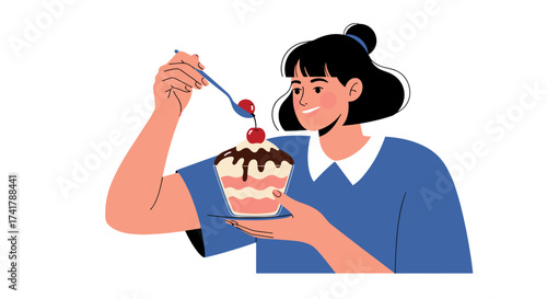 A young woman enjoys a delicious dessert topped with cherries.
