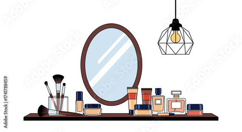 A collection of makeup products and brushes displayed on a shelf in front of a mirror illuminated by a light.