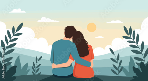 A loving couple enjoys a beautiful sunset with arms around each other in a serene natural landscape.
