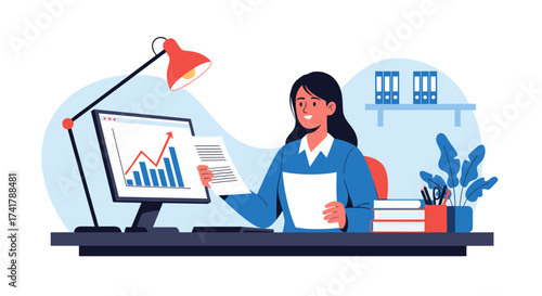 A woman is reviewing financial reports and analyzing data on a computer.