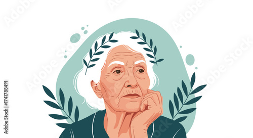 An elderly woman with a thoughtful expression and a wreath of leaves adorning her head.