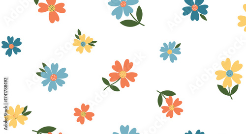 A delightful pattern of small colorful flowers scattered across a white background.