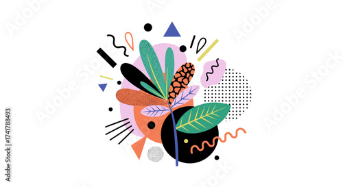 An abstract explosion of organic shapes and vibrant colors creates a lively and dynamic composition.