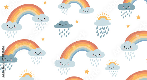 Charming collection of cute rainbow clouds sun and stars repeating seamless pattern.