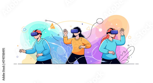 Three people wearing virtual reality headsets interacting with digital environments together.