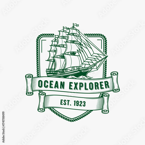 Vintage Ocean Explorer logo with sailing ship and rope border.