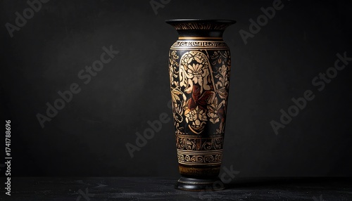 Wallpaper Mural Elegant Black Vase with Intricate Floral Design Against a Dark Background Torontodigital.ca