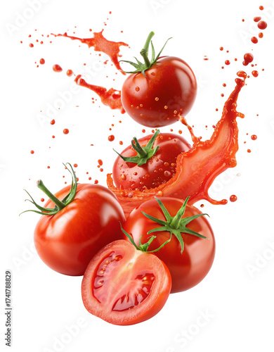 Fresh ripe tomatoes splashing with vibrant juice for a dynamic food photography concept
