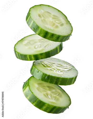 Fresh sliced cucumber rings isolated on a black background for healthy cooking and salads