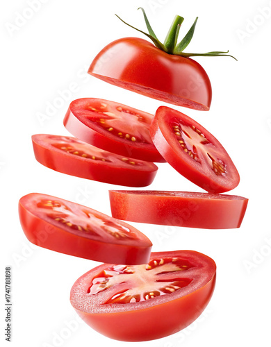 Fresh ripe tomato slices falling mid-air dynamic food photography