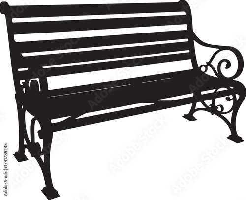 Black silhouette of an ornate park bench black and white