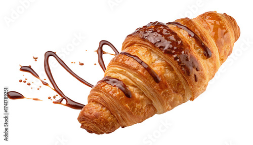 Delicious chocolate croissant drizzled with rich chocolate sauce close-up food photography