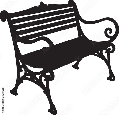 Black silhouette of an ornate park bench on white background