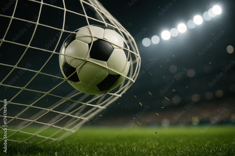 Naklejka premium Soccer ball caught in goal net dynamic motion freeze with stadium lights bokeh
