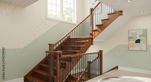 Wallpaper Mural Ascending wooden staircase with black spindles and two-toned walls under a window, with art on wall Torontodigital.ca