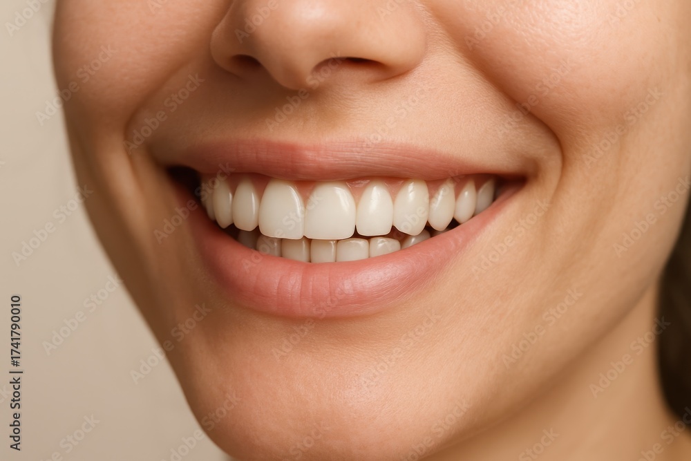 Obraz premium Healthy female smile macro with bright enamel natural lips and flawless dental alignment