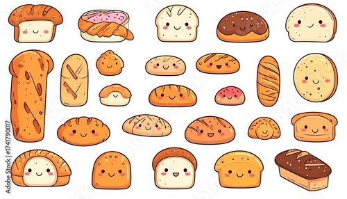Cute Cartoon Breads Collection: Variety of Baked Goods with Smiling Faces