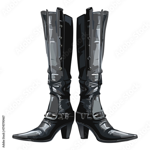Pair of Sleek Black Leather High Boots Simple and Elegant Fashion Design Isolated