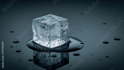 Clear ice cube melting on dark surface water droplets