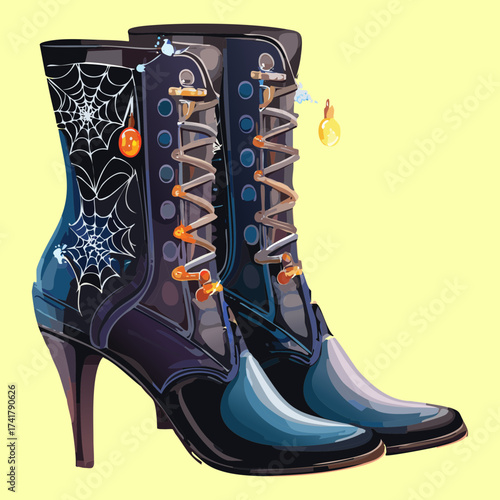 Illustration of unique black high-heeled ankle boots with orange laces and spiderweb patterns, designed specifically for a spooky, elegant Halloween costume