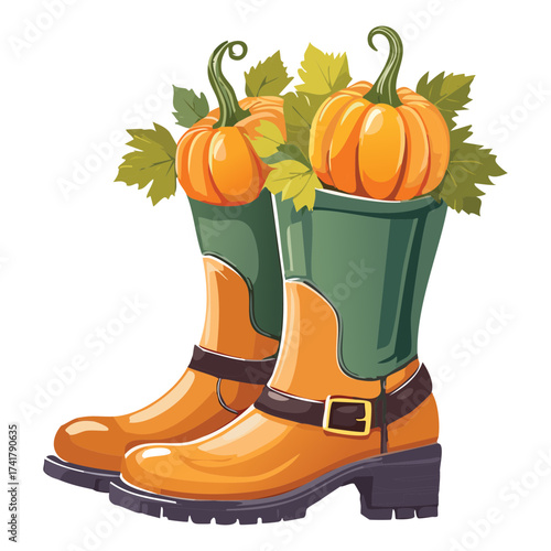 Illustration of an orange and green pair of rustic rubber rain boots overflowing with harvested pumpkins and colorful autumn leaves, symbolizing the season