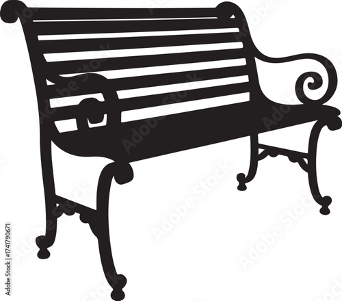 Black silhouette of a park bench with ornate legs white