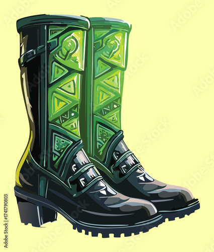 Detailed illustration of a pair of tall, dark green fantasy boots with intricate patterns and metal accents for a mythical character