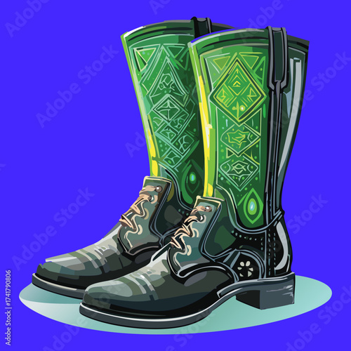 Knee-high magical green leather boots with ornate gold and detailed Celtic knot designs, a true fantasy warrior item