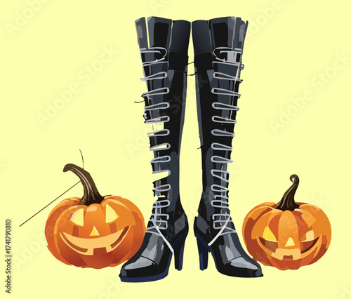 Pair of tall black leather boots with multiple buckled straps and laces, featuring a small carved Halloween pumpkin decoration