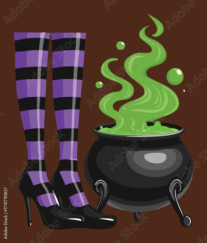 Dark striped socks paired with laced witch boots standing beside a bubbling green brew in a heavy cast iron cauldron