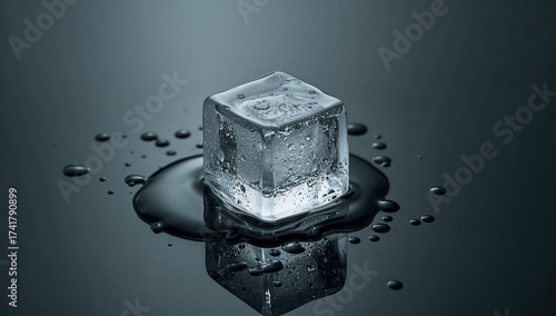 Clear ice cube melting on dark surface water droplets