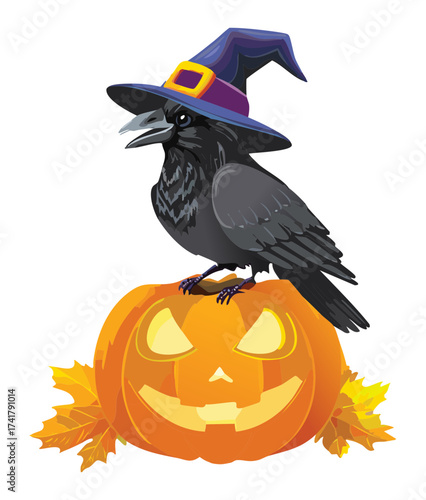 A magical Halloween concept with a spooky black raven wearing a witch hat perched on a carved pumpkin