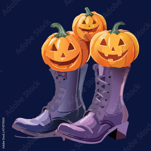 A whimsical Halloween illustration featuring smiling jack-o'-lantern pumpkins nestled inside stylish dark combat boots for a festive concept
