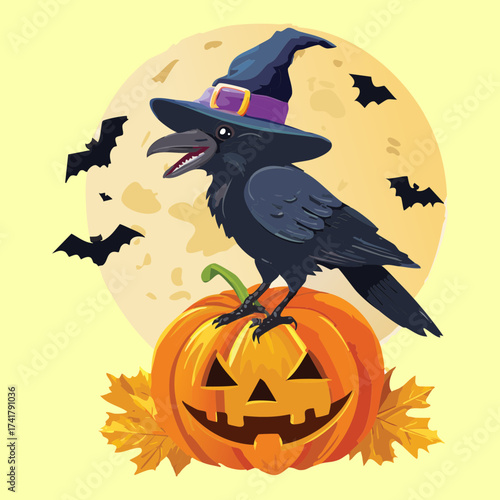 A mysterious black crow in a witch hat on a pumpkin under a full moon with bats flying by