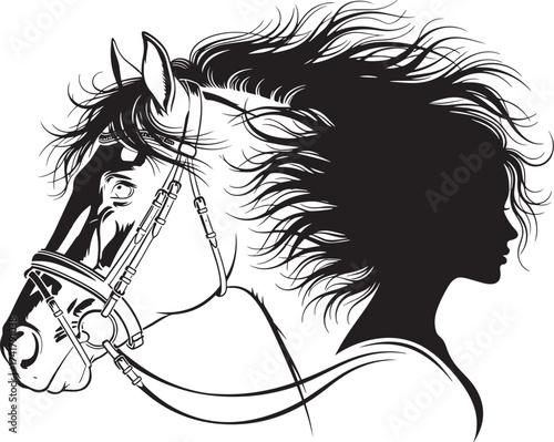 Vector art of silhouette of a woman with long hair and a horse head, a beautiful design