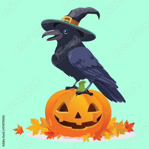 A spooky raven wearing a classic witch hat while perched on a carved jack-o-lantern for a Halloween scene