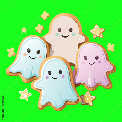 An adorable collection of decorated Halloween cookies featuring cute ghosts and happy stars perfect for a kid's party