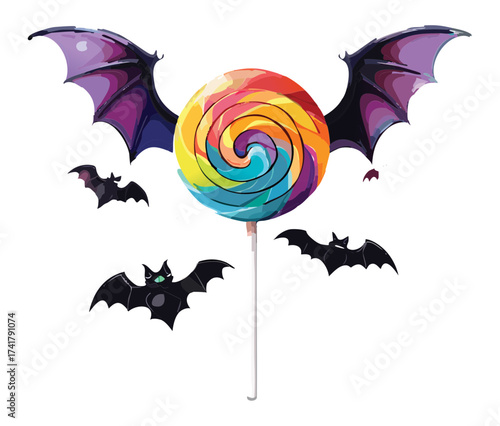 A delicious orange swirl lollipop with spooky bat wings accompanied by flying bats for a perfect Halloween treat