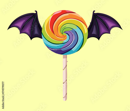 A cheerful and colorful rainbow swirl lollipop with spooky purple bat wings for a fun Halloween candy design