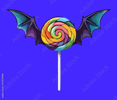 A spooky Halloween swirl lollipop treat with dark purple bat wings for a gothic and sweet candy concept