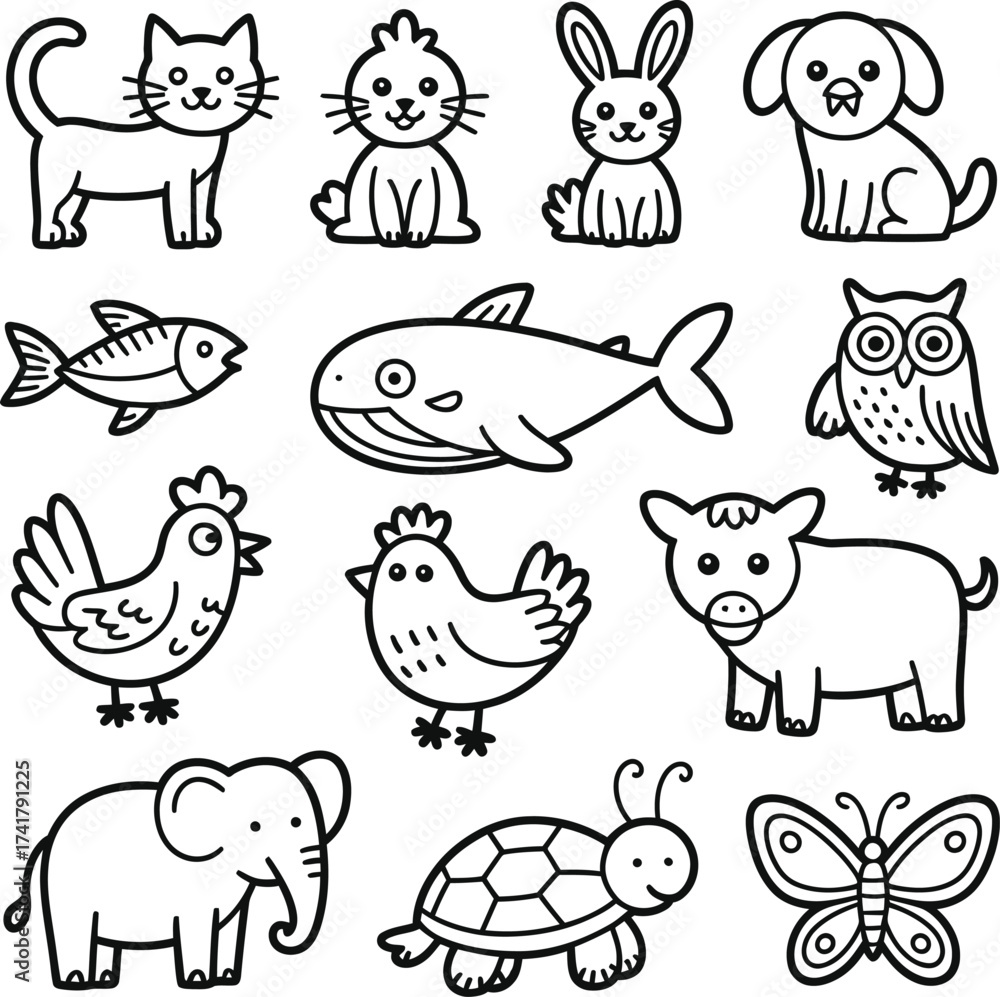 Obraz premium Cute cartoon animals vector art kitten rabbit