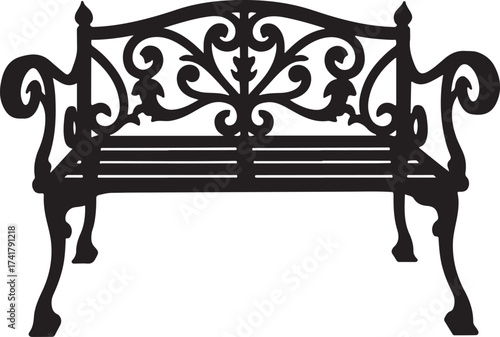 Black ornate wrought iron park bench silhouette vector