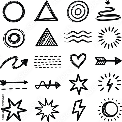 Hand drawn shapes and symbols circle triangle