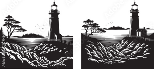 Vector art of two black and white lighthouses on rocky coast, perfect for travel