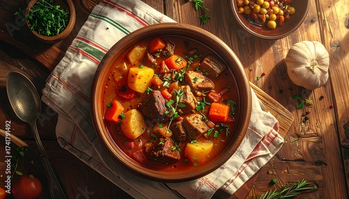 Delicious and hearty beef stew with vegetables served in a wooden bowl