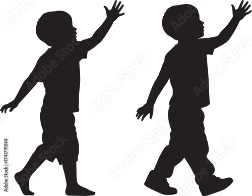 Vector art of silhouette of two little boys walking with their arms raised, a vector design